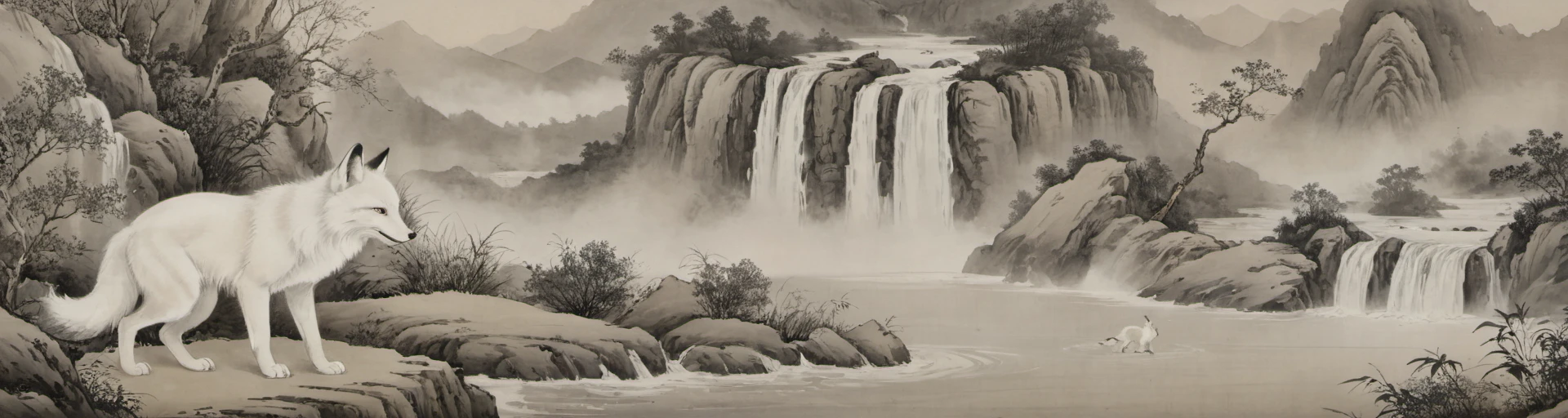 8k, masterpiece, best quality, 2D, traditional chinese ink painting, looking at viewer,
1 (white:1.2) [Tiger:Fox:5] with big white tails, (the fox is putting hand into the (water:1.2):1.4), alarmed, (fearful:1.3), 1 grey_fish was jumped out from the water,
background is river and grey_sand, (fog:1.4), smoke, many waterfalls, Distant and layered mountains,
ink,  <lora:watercolor-ink-sketch-v1:0.4>,