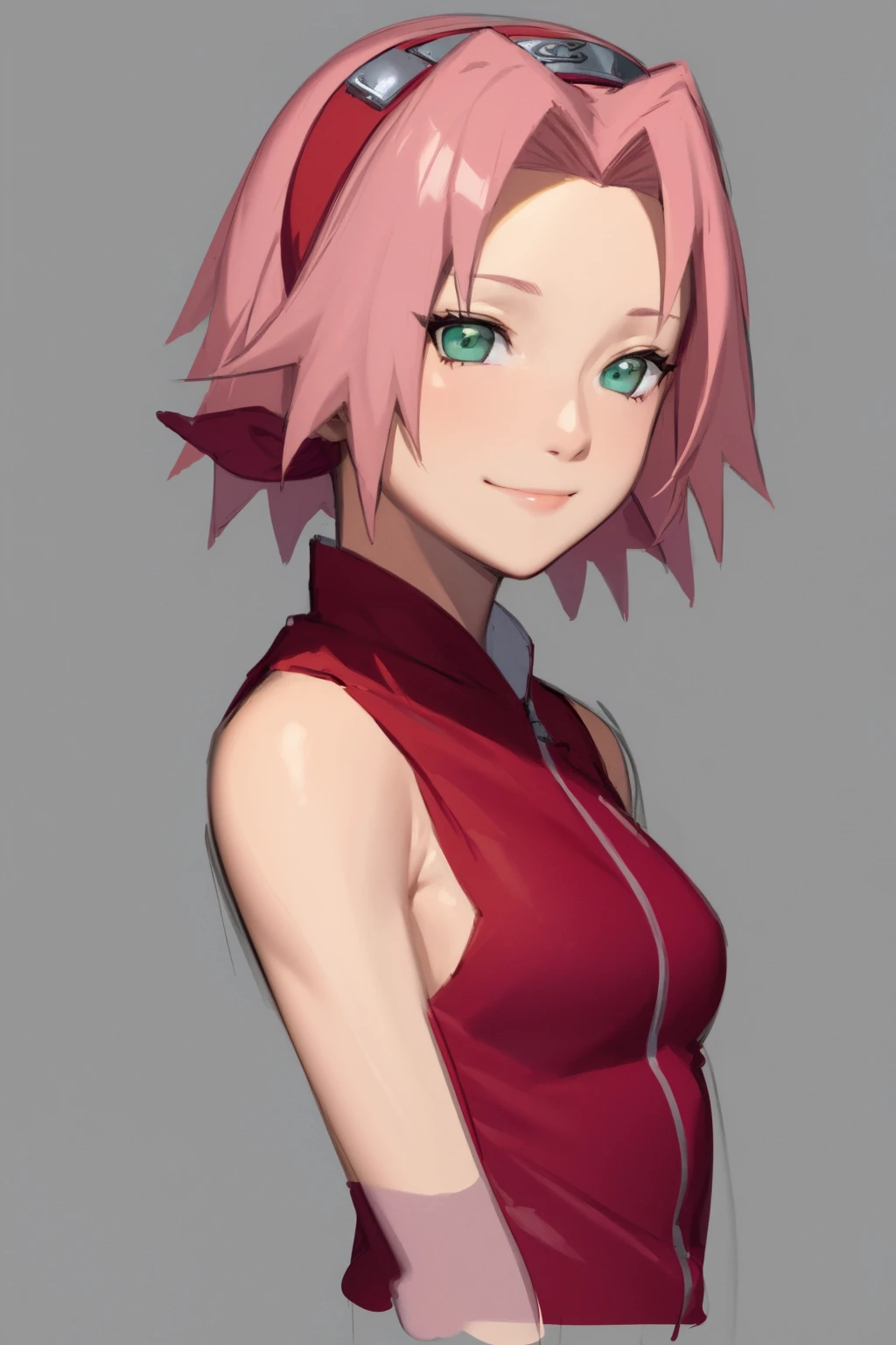 masterpiece, best quality, 1girl,haruno sakura, pink hair, short hair, green eyes, hairband, sleeveless, upper body, looking at viewer, sketch, smile, solo, simple background <lora:SakuraShippuden:1>