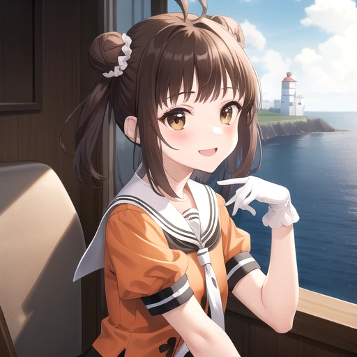 ((masterpiece)),(best quality),official art,extremely detailed CG,unity 8k wallpaper,ultra detailed,A lighthouse on a cliff by the sea,1girl,solo,upper body,(portrait:1.2),hair_bun,double_bun,antenna_hair,orange shirt,brown_hair,smile,brown_eyes,white_thighhighs,school_uniform,white_gloves,short_hair,serafuku,frilled_skirt,short_sleeves,idol,frills,zettai_ryouiki,boots,puffy_sleeves,<lora:Naka(kan)>,