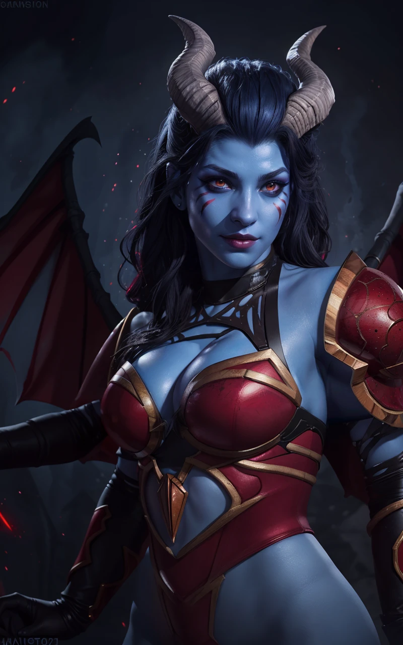 qopdota2023, 1girl, 8k, uhd, best quality, trending on arstation, photorealistic, masterpiece, raw image, skin pores, detailed skin, award winning photo, horns, blue skin, face markings, glowing eyes, demon, red Armor, bat wings, full body,