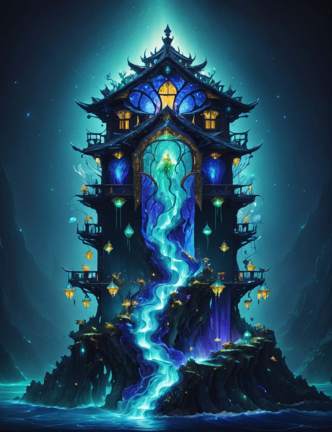 hyper detailed masterpiece, dynamic, awesome quality,DonMFr4ck7ur3dUnd3rw0rld fairy queen's emerald palace, fiber cement siding, bioluminescent ocean waves,bioluminescent jellyfish, string lights (fairy lights) <lora:DonMFr4ck7ur3dUnd3rw0rld-000009:0.75>