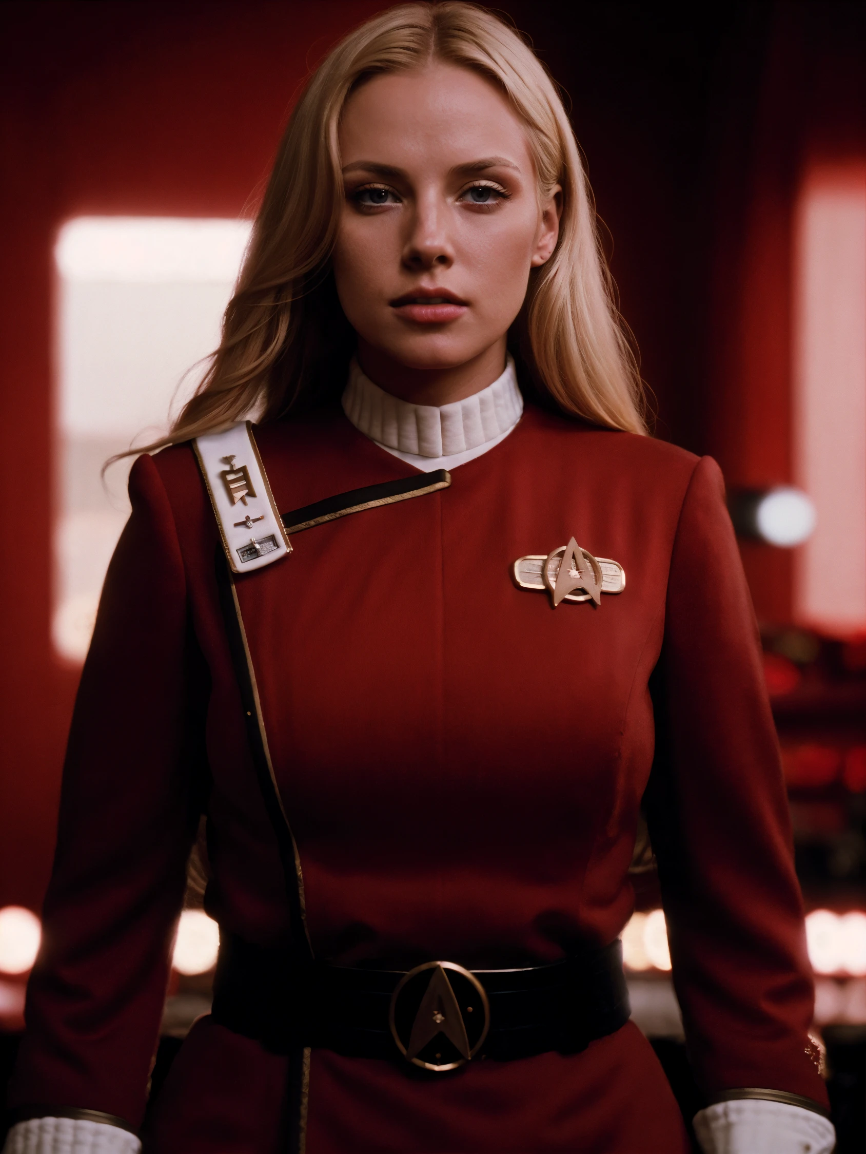 beautiful blond woman in twokunf red uniform,professional photograph of a stunning woman detailed, sharp focus, dramatic, award winning, cinematic lighting, octane render, unreal engine, volumetrics dtx, (film grain, bokeh, blurry foreground, blurry background<lora:TWOK_OC:0.8>