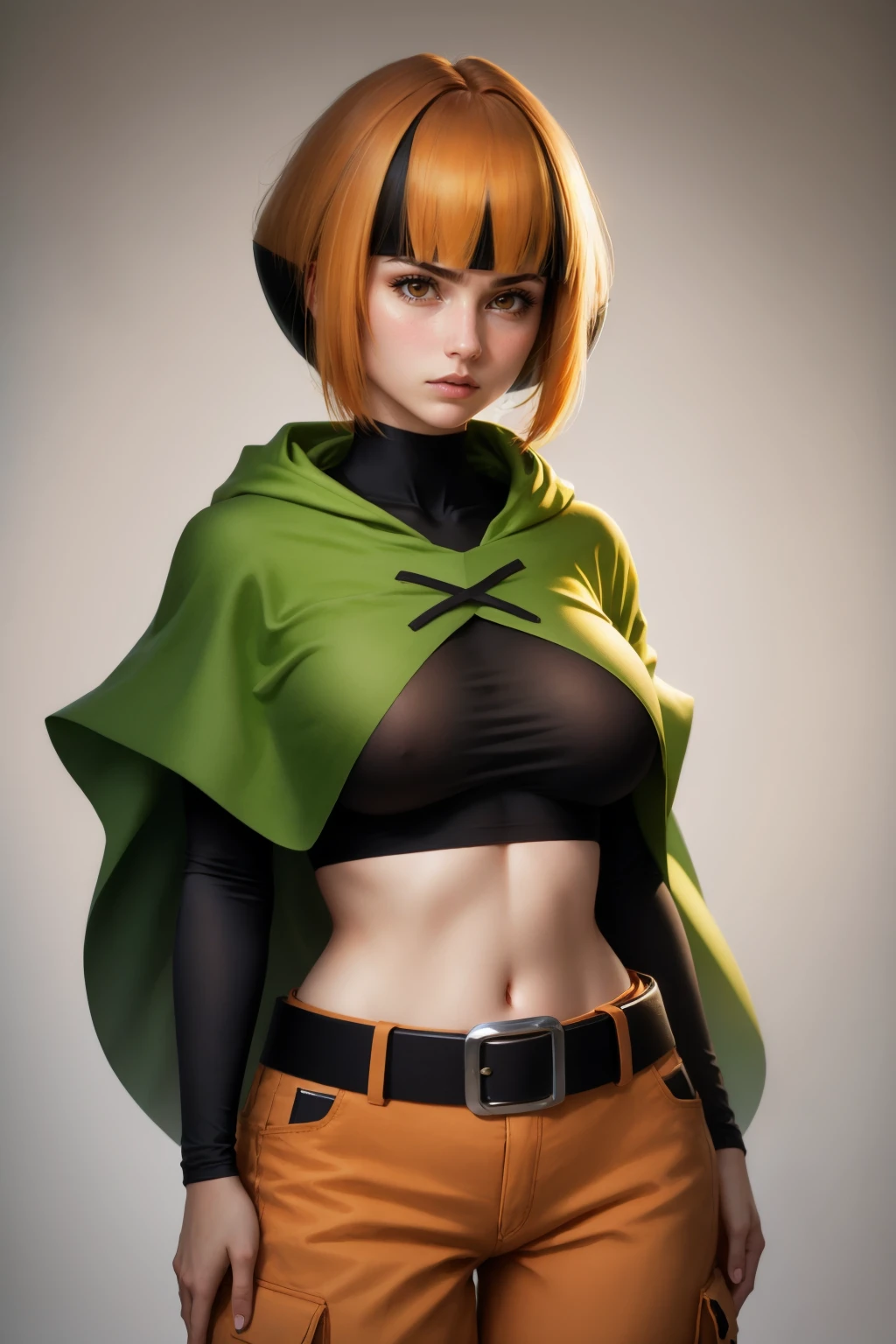 masterpiece, best quality,  <lora:gardenia-nvwls-v1-000008:1> natane, multicolored hair, green capelet, black shirt, long sleeves, midriff, belt, orange shorts, large breasts, cowboy shot, gradient background, furrowed brow, serious