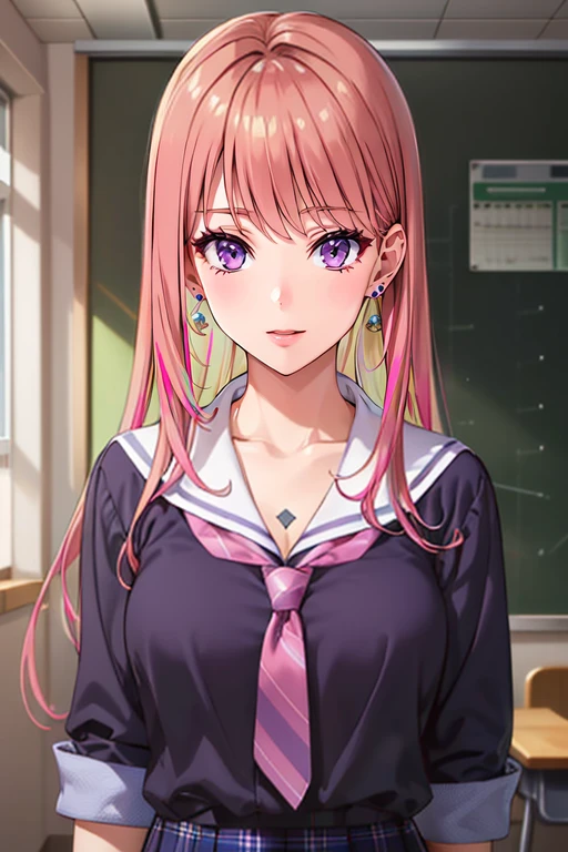 (best quality:1.1), (masterpiece:1.4), game cg, 1girl, solo, , upper body, , , realistic, <lora:nikoru_yamana:0.78>, nikoru_yamana, pink hair, purple eyes, long hair, , , earrings, school uniform, , , science fiction steam punk,