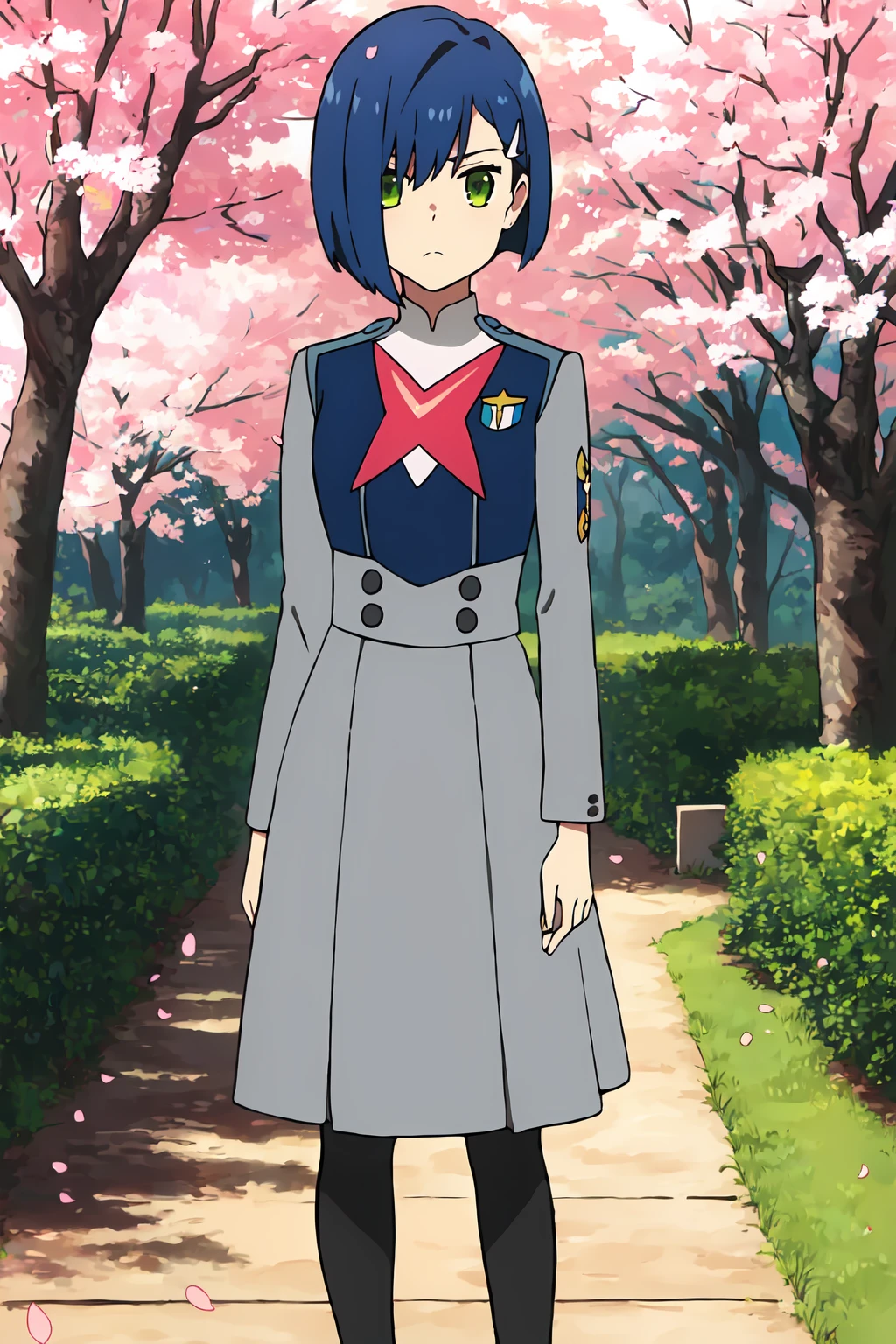 ((best quality)),((highly detailed)),masterpiece,absurdres,detailed face,beautiful face,((detailed eyes, deep eyes)),(1girl),((dynamic pose)),    <lora:IchigoV1:0.8>Ichigo, 1girl, solo, green eyes, blue hair, short hair, uniform, outdoors, military, military uniform, tree, looking at viewer, closed mouth, long sleeves, hair ornament, bangs, hairclip, day, bob cut, standing, hair over one eye, frown, grey dress, cherry blossom background, cherry blossom petals