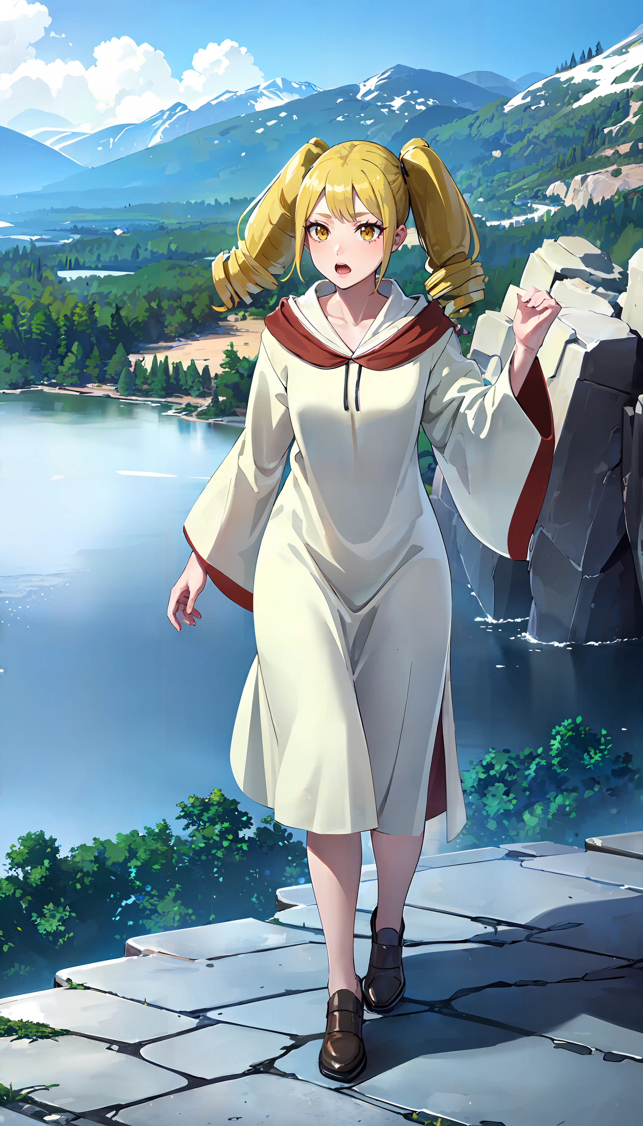 photorealistic, (4k), (Masterpiece), (realistic skin texture), extremely detailed, intricate, hyper detailed, high resolution, sharp detail, best quality, girl, blonde short twintails, yellow eyes, white robe, <lora:Elizabeth_VRMMO-1-000004:0.9> , rocky mountain summit, wind lift, looing out, vast landscape, full body,