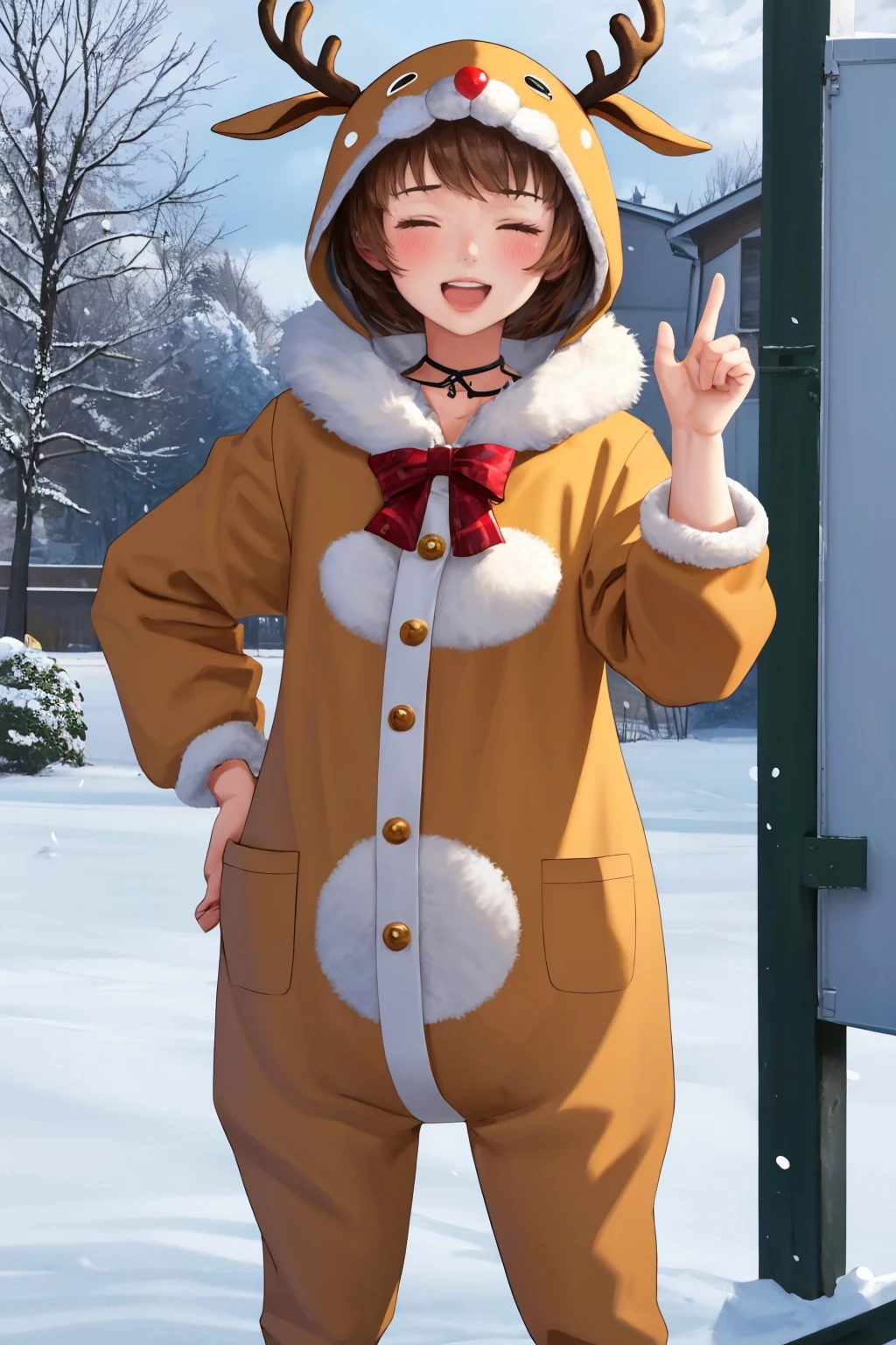 masterpiece, best quality, 1girl, solo, <lora:reindeer-outfit-richy-v1:1> reindeer costume, <lora:zs_Chie:1> chiep4, standing, snow, outdoors, smile, blush, closed eyes, looking at viewer,