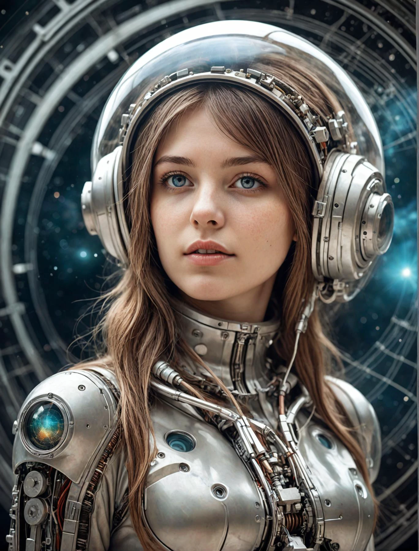 photograph, space, woman , 20 years old, wearing Chaperon, Mechanical Body Parts, Interplanetary magnetic field background, ultrafine detailed, Sci-Fi, double exposure, Sony A7, Depth of field 100mm, Colorless, stylized by artgerm, greg rutkowski and alphonse mucha