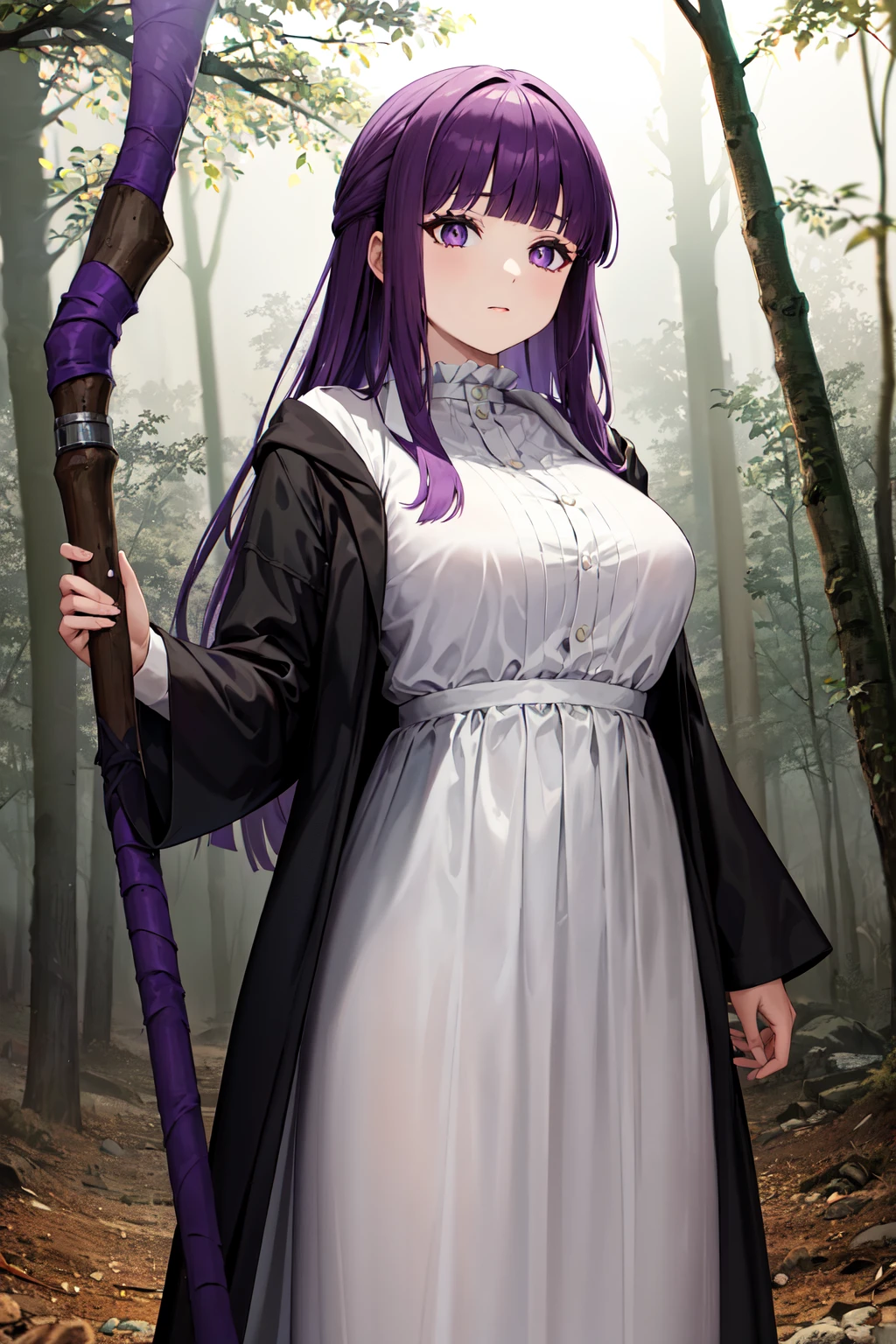 masterpiece, best quality, highres, aafern, long hair, purple hair, blunt bangs, purple eyes, large breasts, long dress, white dress, black robe, long sleeves, <lora:fern_(sousou_no_frieren)_v1:0.7>, standing, holding staff, forest, cowboy shot,