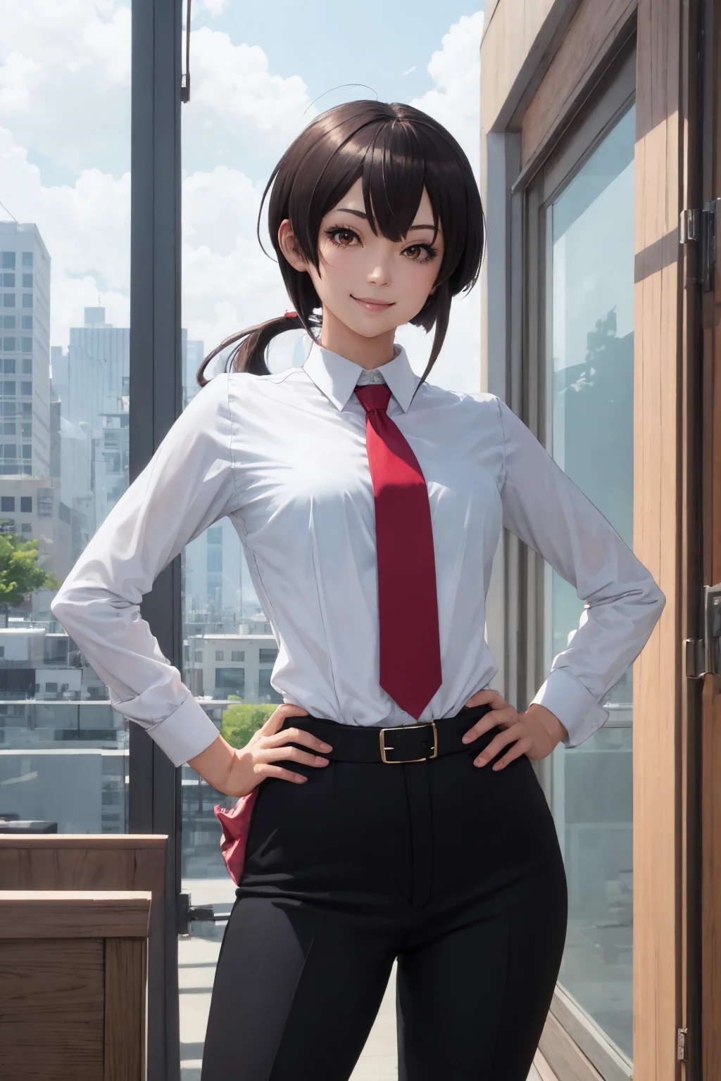 (masterpiece, best quality:1.2), solo, 1girl, musubi, smile, looking at viewer, hands on hips, ahoge, ponytail, formal, suit, red necktie, black pants <lora:sekirei_musubi-10:1>