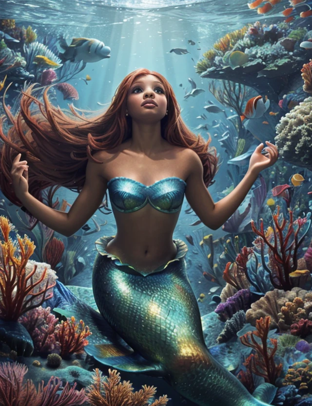 beyoncé, black skin, detailed face,red hair, like princess Ariel, Disney movie the little mermaid, mermaid, mermaid body, showing mermaid syrup, with mermaid scales, mermaid Greek mythology,scales on the chest, bright, whole body, beautiful, goddess of the seas, most beautiful girl of the seas, at the bottom of the sea, sailing inside the water, queen of the waters, accessories, sea shells, hair floating in water