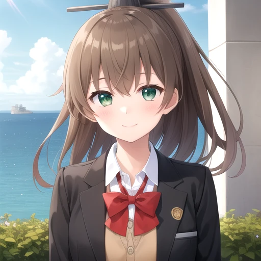 ((masterpiece)),(best quality),official art,extremely detailed CG,unity 8k wallpaper,ultra detailed,A lighthouse on a cliff by the sea,1girl,solo,upper body,(portrait:1.2),long_hair,brown_thighhighs,brown_hair,pleated_skirt,red_bow,white_shirt,frilled_skirt,brown_jacket,looking_at_viewer,long_sleeves,open_clothes,brown_skirt,collared_shirt,smile,red_bowtie,school_uniform,open_jacket,hair_between_eyes,cardigan,black_footwear,blush,green_eyes,bangs,blazer,blouse,red_ribbon,high_ponytail,vertical-striped_thighhighs,hair_ornament,buttons,<lora:Kumano(kan)>,