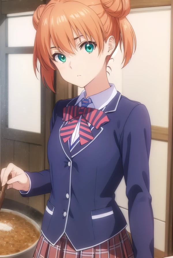 yuukiyoshino, <lora:yuuki yoshino s1-lora-nochekaiser:1>,
yuuki yoshino, short hair, twintails, (green eyes:1.3), hair bun, orange hair, double bun,
BREAK bow, school uniform, striped, bowtie, blazer, striped bowtie, blue blazer, brown skirt, plaid skirt, plaid,
BREAK indoors, kitchen,
BREAK looking at viewer, (cowboy shot:1.5),
BREAK <lyco:GoodHands-beta2:1>, (masterpiece:1.2), best quality, high resolution, unity 8k wallpaper, (illustration:0.8), (beautiful detailed eyes:1.6), extremely detailed face, perfect lighting, extremely detailed CG, (perfect hands, perfect anatomy),