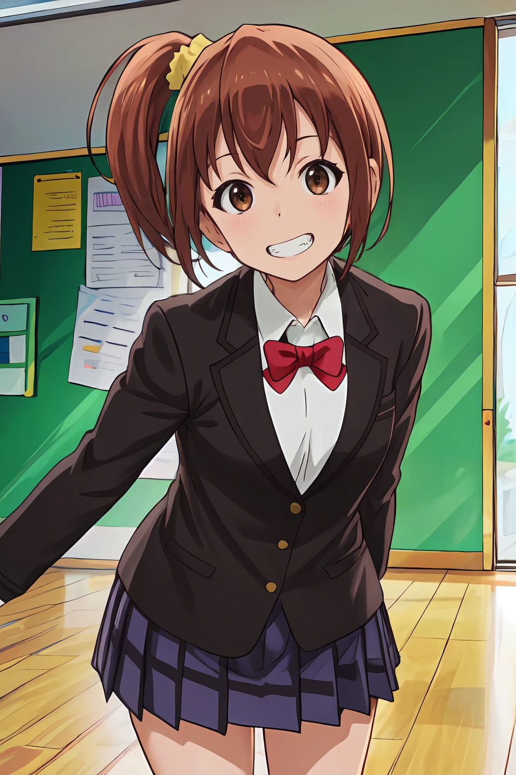 (masterpiece, best quality:1.2), highres, 1girl, solo, grin, teeth, clenched teeth,
Kanakana_V1, brown hair, short hair, side ponytail, brown eyes, hair ornament, yellow scrunchie,
school uniform, blazer, jacket, long sleeves, white shirt, red bowtie,
standing, leaning forward, arms behind back,
indoors, school, looking at viewer, upper body,
<lora:add_detail_CyberAlchemist:0.4>, <lora:GoodHands-beta2:0.8>, <lora:KanakanaV1_1-000026:0.9>