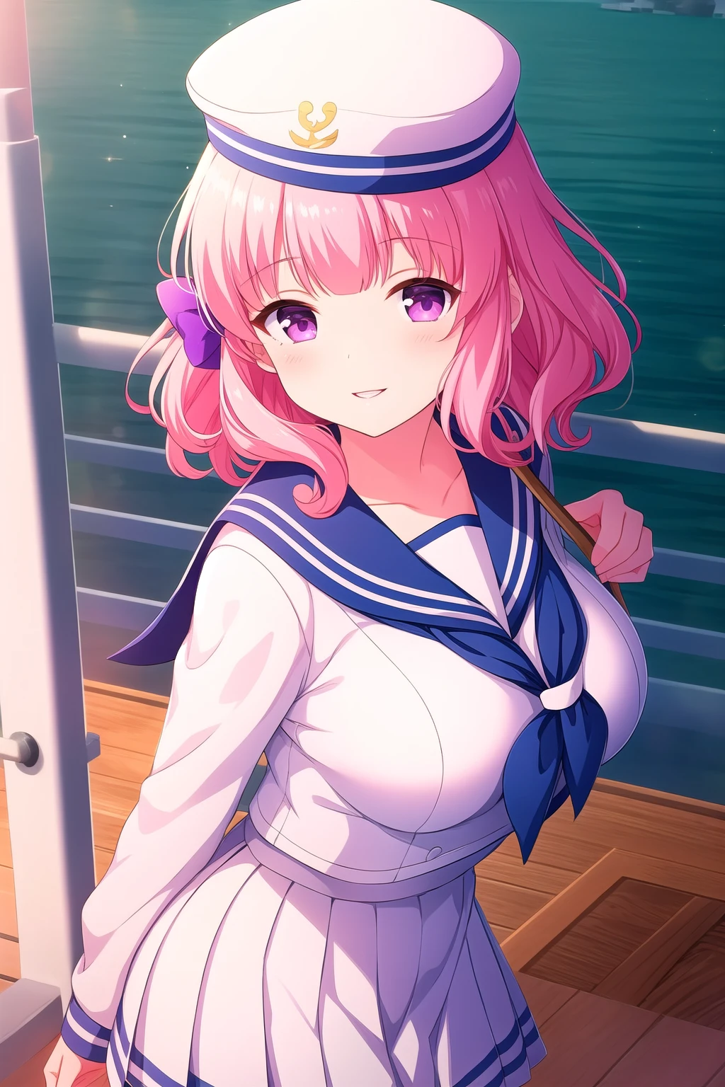 (masterpiece, best quality), highly detailed background, perfect lightingbest quality, nittamoeka, solo, outdoors, watercraft, sailor hat, white headwear, pink hair, hair bow, pink bow, curly hair, short hair, purple eyes, pink eyes, breasts, white serafuku, white shirt, blue sailor collar, <lora:GoodHands-vanilla:1>, blue skirt, pleated skirt, smile, closed mouth, parted lips, pink lips, <lora:Nitta-Moeka:0.7>