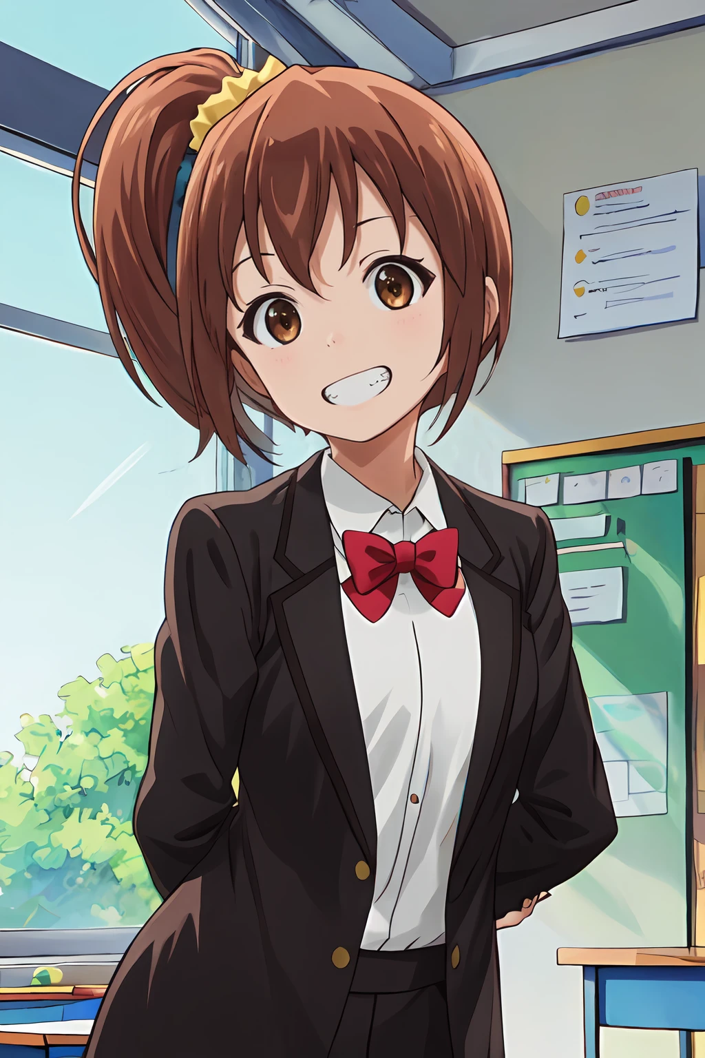 (masterpiece, best quality:1.2), highres, 1girl, solo, grin, teeth, clenched teeth,
Kanakana_V1, brown hair, short hair, side ponytail, brown eyes, hair ornament, yellow scrunchie,
school uniform, blazer, jacket, long sleeves, white shirt, red bowtie,
standing, leaning forward, arms behind back,
indoors, school, looking at viewer, upper body,
<lora:add_detail_CyberAlchemist:0.4>, <lora:GoodHands-beta2:0.8>, <lora:KanakanaV1_1-000026:0.9>