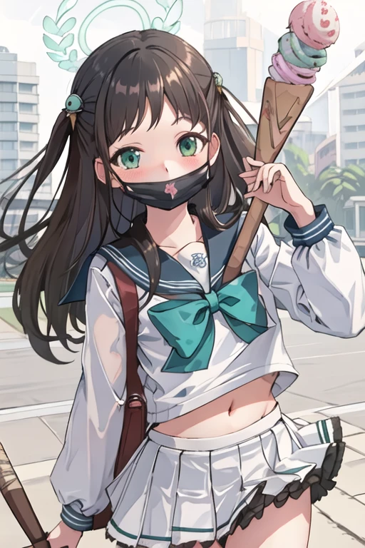 best quality, masterpiece, highres, solo, {airi_bluearchive:1.15}, long_hair, hair_ornament, halo, serafuku, blush, green_eyes, bangs, brown_hair, smile, open_mouth, black_hair, food, ice_cream, 1girl, baseball_bat, holding, long_sleeves, looking_at_viewer, mask, mouth_mask, one_eye_closed, sailor_collar, school_uniform, simple_background, bow, mask_pull, shirt, white_background, holding_baseball_bat, navel, white_serafuku, white_shirt