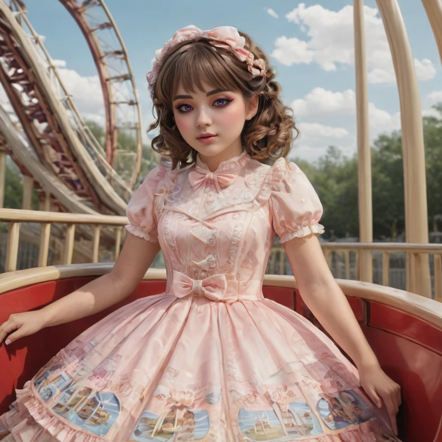 stunning detail, photorealistic, hyperdetailed photography, a photograph of a girl wearing a sweetegl dress riding a roller coaster. <lora:sweetlolitaxl3.5-12:1.0>