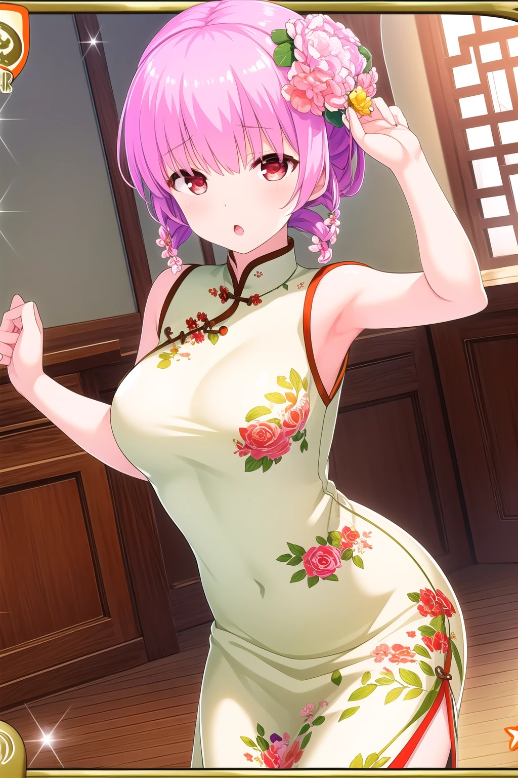masterpiece,best quality,High resolution,Fine details,solo,Adult Woman,blush,curvy,Large breasts,Sweat,Oily skin,((China dress with pink embroidery)),(Chinese style castle),Frontal