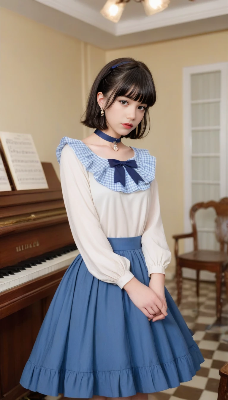 1girl, black hair, solo, hair ornament, indoors, earrings, jewelry, short hair, dress, brown eyes, hairclip, skirt, standing, bow, long sleeves, realistic, table, bangs, hand up, piano, looking to the side, blue dress, frills, chair, lips, shirt, checkered floor, white shirt, ceiling light, medium hair, looking away, blurry background, blurry, choker, blunt bangs, photo background, blue bow, blue skirt