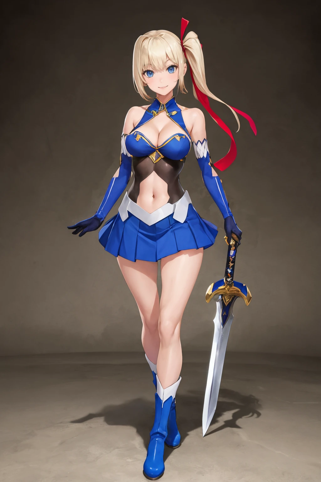 masterpiece, best quality, 1girl, solo, <lora:limalisha-vanadis-richy-v1:0.9> limalisha, side ponytail, hair ribbon, clothing cutout, cleavage, bare shoulders, elbow gloves, navel, skirt, sword, holding sword, full body, smile, looking at viewer, blue footwear, boots