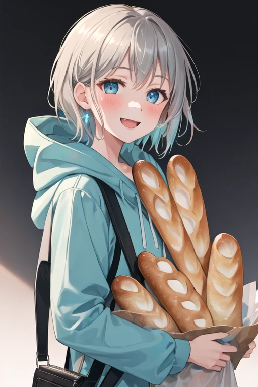 best quality, masterpiece, highres, solo, {aoba_moca_bangdream:1.15}, short_hair, grey_hair, bangs, blush, smile, blue_eyes, 1girl, hood, baguette, bread, food, hood_down, upper_body, aqua_eyes, bag, holding, holding_bag, paper_bag, long_sleeves, looking_at_viewer, open_mouth, white_background