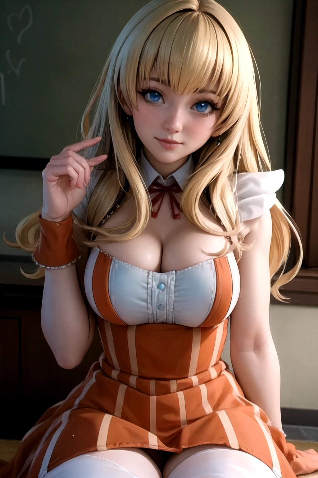 <lora:MsBekki-08:1.0> bekki_natsumi, long_hair, blonde_hair, blue_eyes, bekki_classic, upper_body, breasts, dress, thighhighs,, beautiful, (masterpiece:1.2), (best quality:1.2), perfect eyes, perfect face