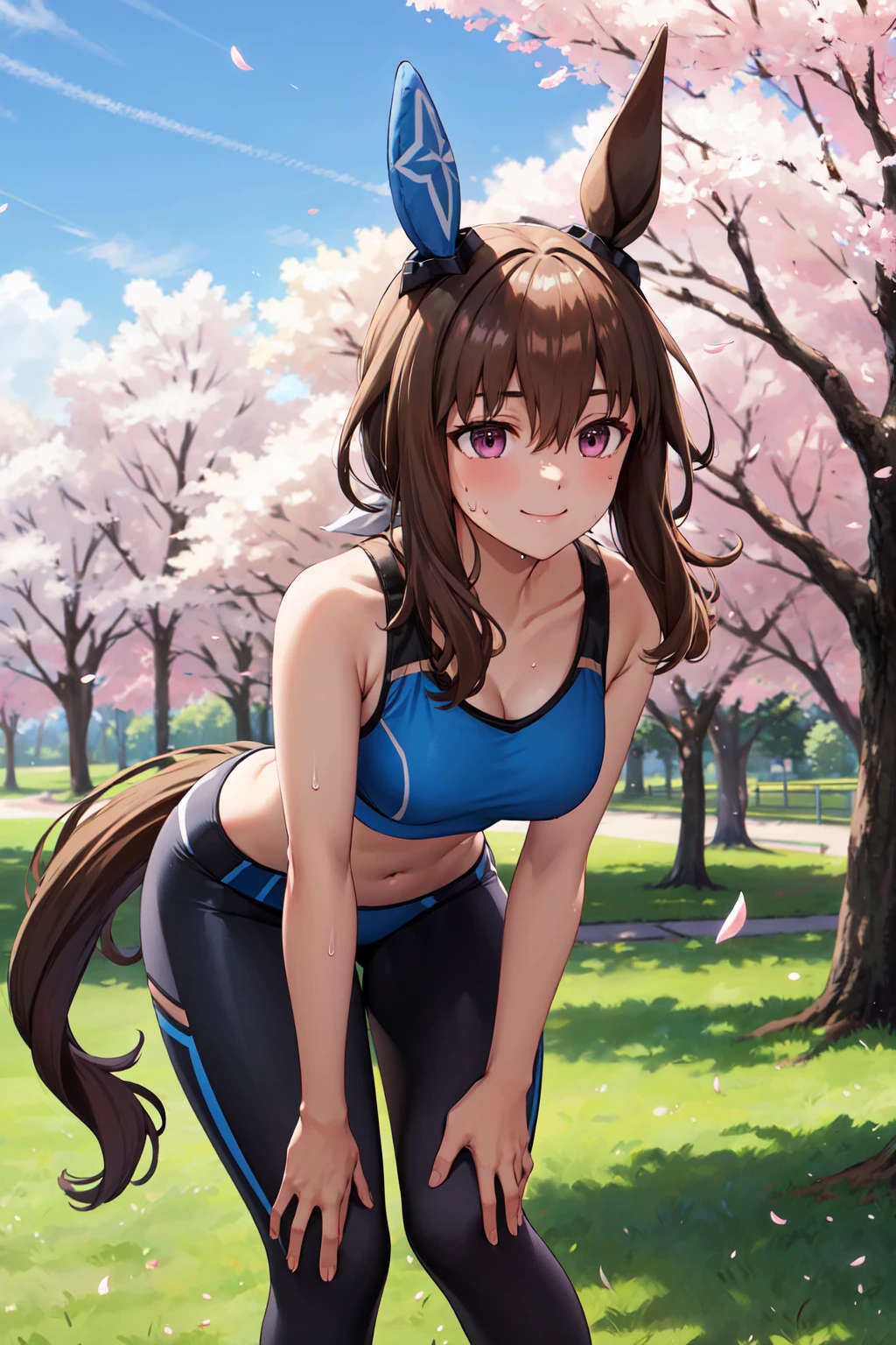 masterpiece,best quality,highres,ultra-detailed,aavega,horse ears,single ear cover,long hair,low ponytail,bangs,horse tail,<lora:admire_vega_(umamusume):0.9>,sports bra,leggings,outdoors,cherry blossoms,smile,sweat,leaning forward,hands_on_own_knees,