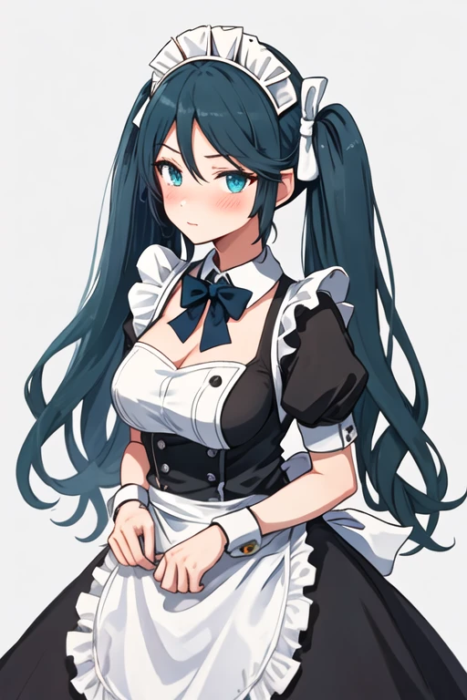 best quality, masterpiece, highres, solo, {maid:1.40}, {long maid dress:1.15}, {isuzu_kantaicollection:1.15}, long_hair, twintails, ribbon, breasts, hair_ribbon, blue_hair, large_breasts, blue_eyes, blush, green_eyes