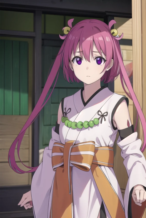 oomiyanomenokami, <lora:oomiyanome no kami s1-lora-nochekaiser:1>,
oomiyanome no kami, long hair, hair ornament, twintails, (purple eyes:1.1), purple hair, bell, hair bell,
BREAK skirt, detached sleeves, japanese clothes, necklace, miko, magatama,
BREAK outdoors, shrine,
BREAK looking at viewer, (cowboy shot:1.5),
BREAK <lyco:GoodHands-beta2:1>, (masterpiece:1.2), best quality, high resolution, unity 8k wallpaper, (illustration:0.8), (beautiful detailed eyes:1.6), extremely detailed face, perfect lighting, extremely detailed CG, (perfect hands, perfect anatomy),