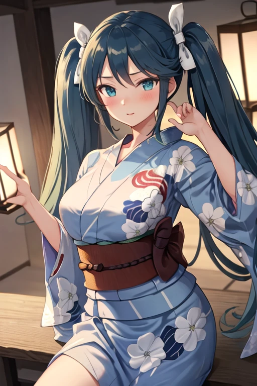 best quality, masterpiece, highres, solo, {yukata:1.40}, {kimono:1.20}, {isuzu_kantaicollection:1.15}, long_hair, twintails, ribbon, breasts, hair_ribbon, blue_hair, large_breasts, blue_eyes, blush, green_eyes