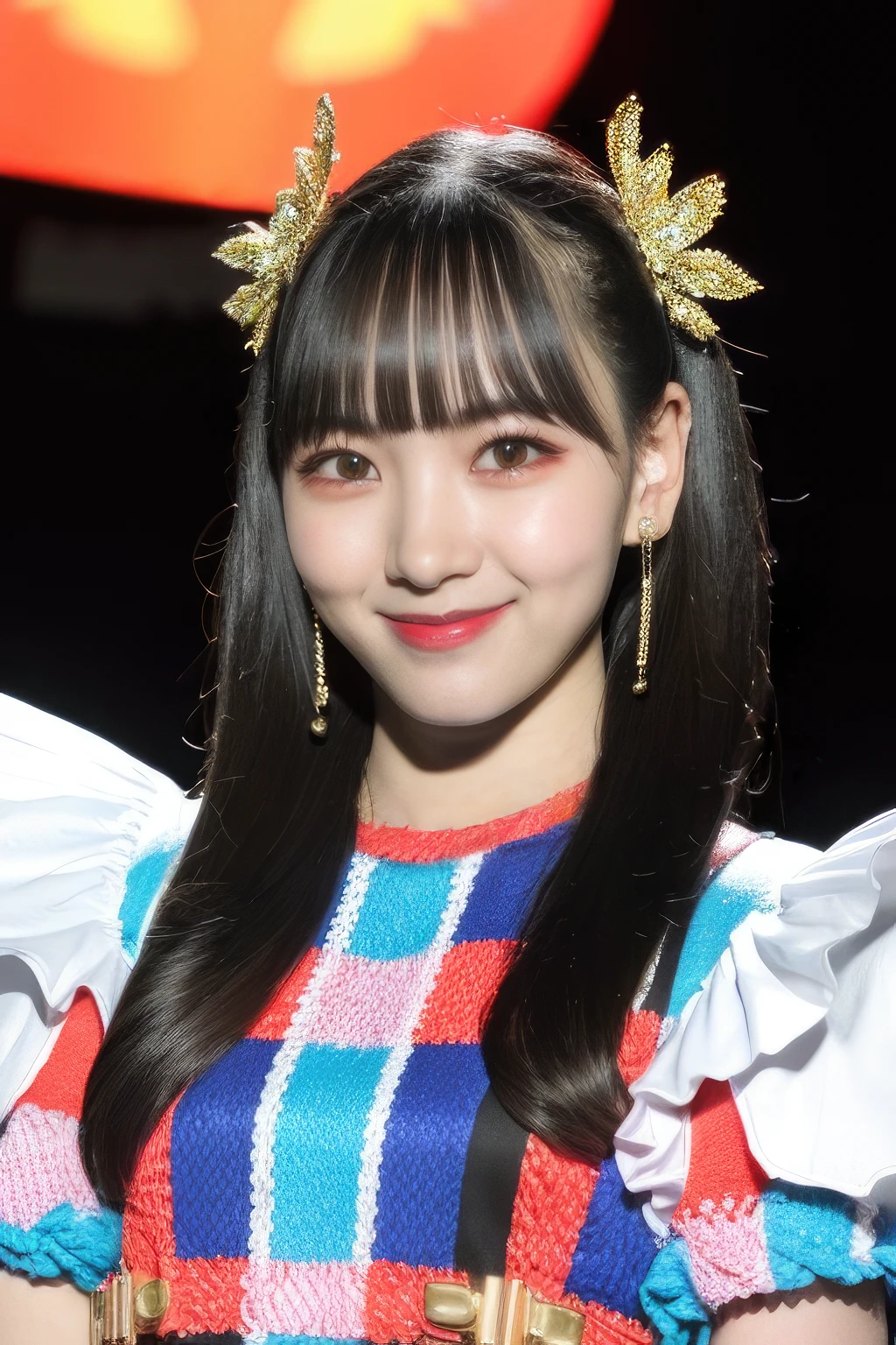 masterpiece,beautiful,extremely detailed,finely detailed,exquisite,(ultra high res),(8k UHD best quality), (realistic, photo-realistic:1.37), depth_of,blurry_background, photo_inset,Dramatic lighting,reference_inset,photo_background,photorealistic,looking_at_viewer,1girl,detailed skin,shiny skin,smile,(((stage))),(((upper body))),ouka <lora:ouka suenaga:1>