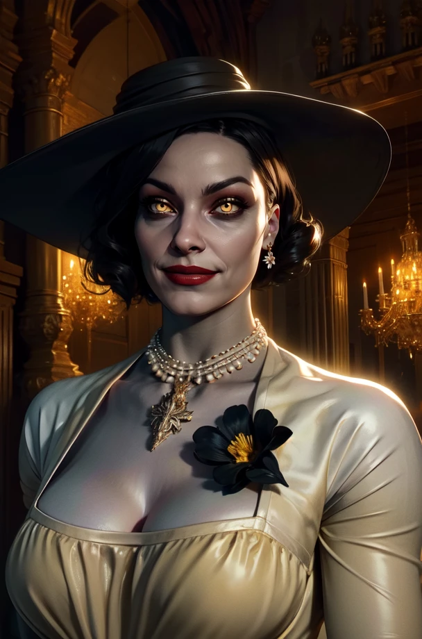 Alcina,yellow eyes,black hair,short hair,
white dress with black flower brooch,large black hat,single earring,cleavage,necklace,
upper body,
looking at viewer,smile,
castle,indoors,night,
(insanely detailed, beautiful detailed face, beautiful detailed eyes, masterpiece, best quality),solo,<lora:AlcinaDimitrescu-12:0.8>,