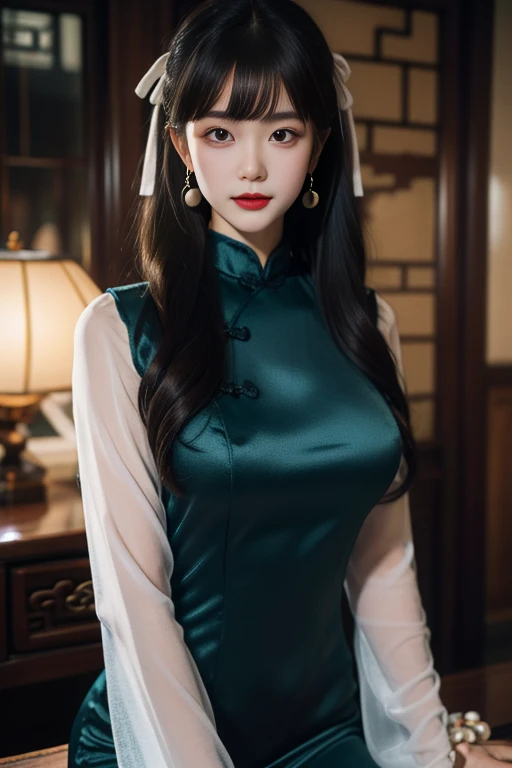 ltra-detailed,highly detailed,best quality,masterpiece,illustration,realistic,
yaozhi, 1girl, solo,mole,
chinese clothes,china dress,see-through sleeves,
earrings, bracelet,hair ribbon,
bangs,very long hair,
looking at viewer,upper body,
<lora:yaozhi_v3_03:0.7>