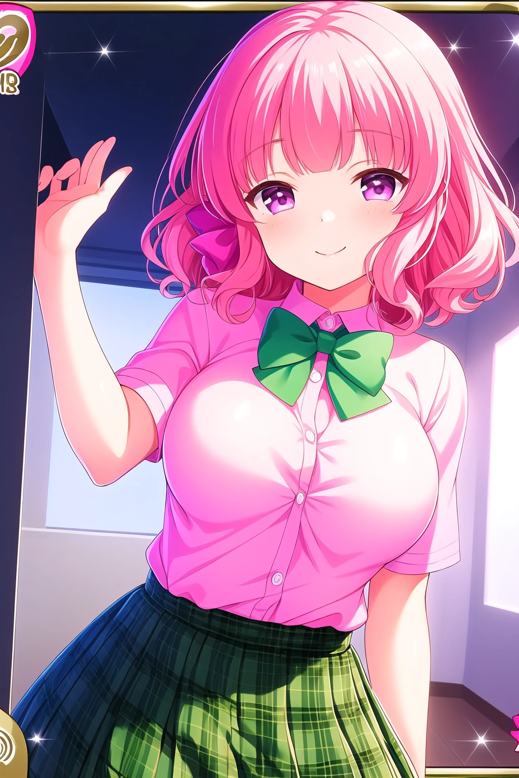 (masterpiece, best quality), highly detailed background, perfect lightingbest quality, nittamoeka, solo, outdoo, pink hair, hair bow, pink bow, curly hair, short hair, purple eyes, pink eyes, breasts, pink shirt, green bowtie, <lora:GoodHands-vanilla:1>, green skirt, plaid skirt, school uniform, smile, closed mouth, pink lips, <lora:Nitta-Moeka:0.7>