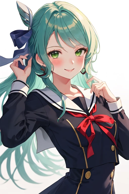 best quality, masterpiece, highres, solo, {hikawa_sayo_bangdream:1.15}, green_eyes, aqua_hair, long_hair, bangs, blush, jewelry, 1girl, hanasakigawa_school_uniform, school_uniform, looking_at_viewer, sailor_collar, long_sleeves, neck_ribbon, red_ribbon, ribbon, upper_body, sailor_dress, dress, simple_background, white_sailor_collar, buttons, double-breasted, white_background, brown_dress, smile