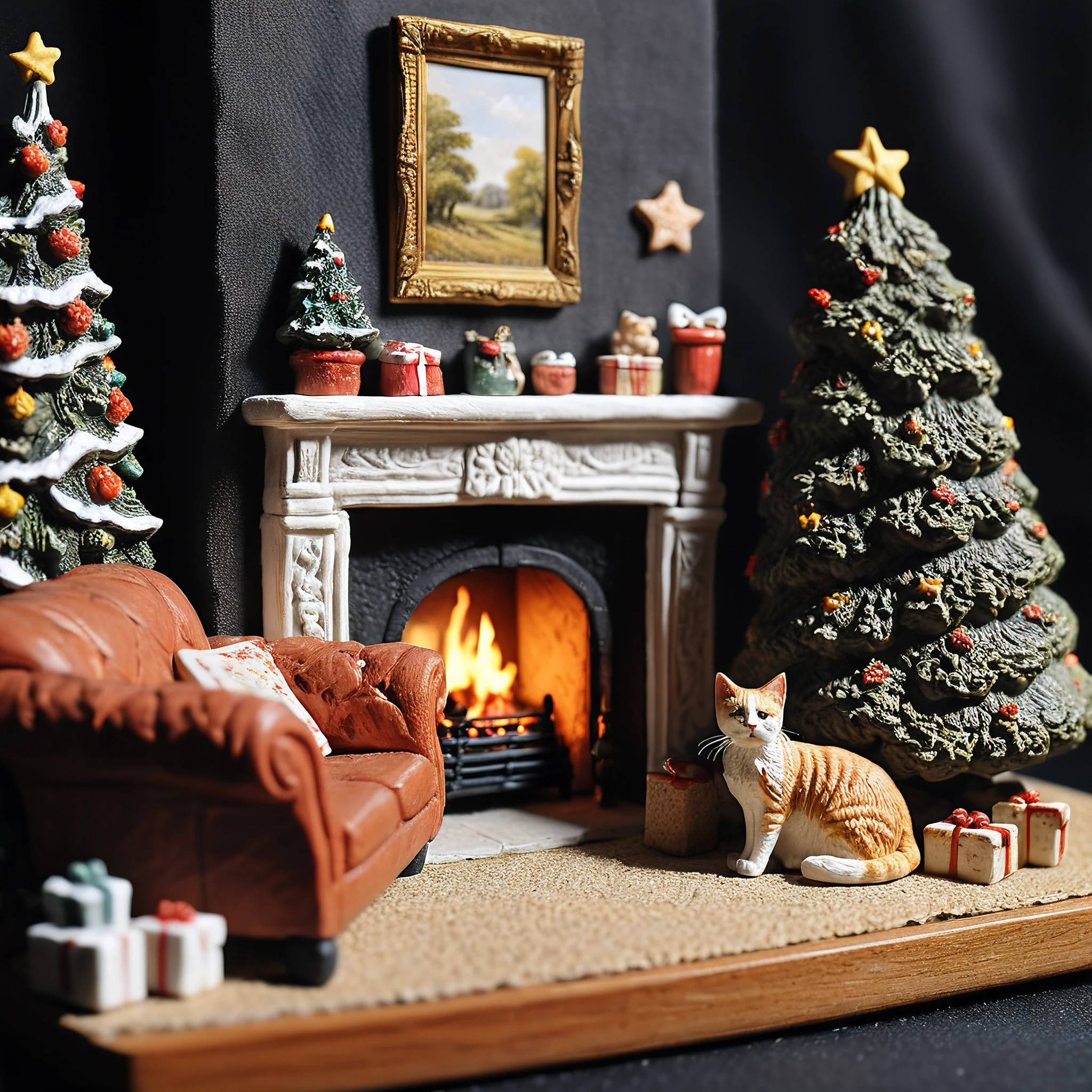 <lora:M1n14tur3_XL-000002:0.9>,photo of (M1n14tur3:1.1) ceramic sculpture ofa room in an English home with fireplace, christmas tree, presents, table with milk and cookies, cat sleeping on couch,landscape architecture render,photo realistic,ornate,studio photograph,sitting on a wooden counter with a black cloth background,bokeh,tilt shift,super detailed,intricate,dramatic,shadows,beautiful,insane details,hyperdetailed,8k wallpaper,uhd,hdr,high contrast,