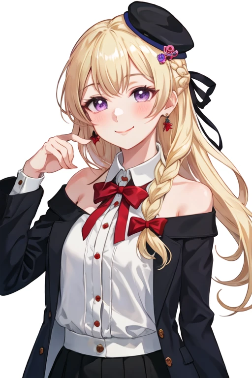 best quality, masterpiece, highres, solo, {shirasagi_chisato_bangdream:1.15}, blonde_hair, bangs, long_hair, purple_eyes, blush, smile, half_updo, ribbon, jewelry, 1girl, beret, braid, collared_shirt, hair_over_shoulder, hat, red_headwear, shirt, single_braid, white_shirt, looking_at_viewer, sweater, upper_body, long_sleeves, closed_mouth, simple_background, white_background