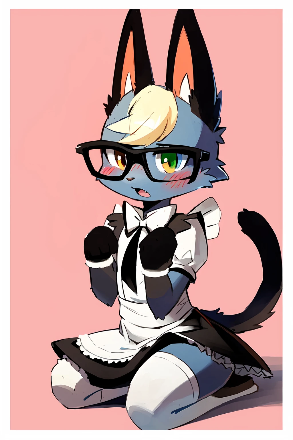 raymond, 1boy, solo, (by ancesra:1.2), straight-on, full body, heterochromia, embarrassed, blush, nose blush, shocked, frown, fangs, (detailed eyes, furry, grey fur:1.3), cat ears, (maid, maid apron, black dress, white thighhighs, puffy short sleeves, white bowtie, detailed clothes:1.15), glasses, cat tail, looking at viewer, arms up, (detailed fur, body fur, bottomless:1.3), open mouth, blonde hair, animal nose, simple background, (pink background, white border:1.4), 8k, hdr <lora:raymondAC:1>