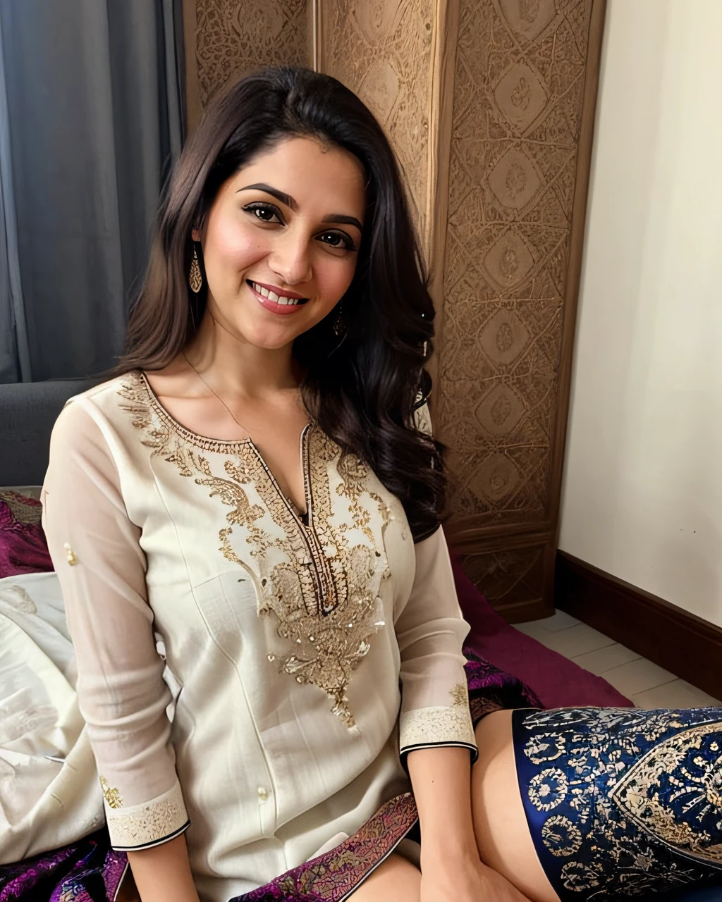 ultrarealistic soft focus photo of a 30-year-old thin woman, dynamic pose, arena, smiling,  wearing Kurti with Leggings with intricate lacework and filigree