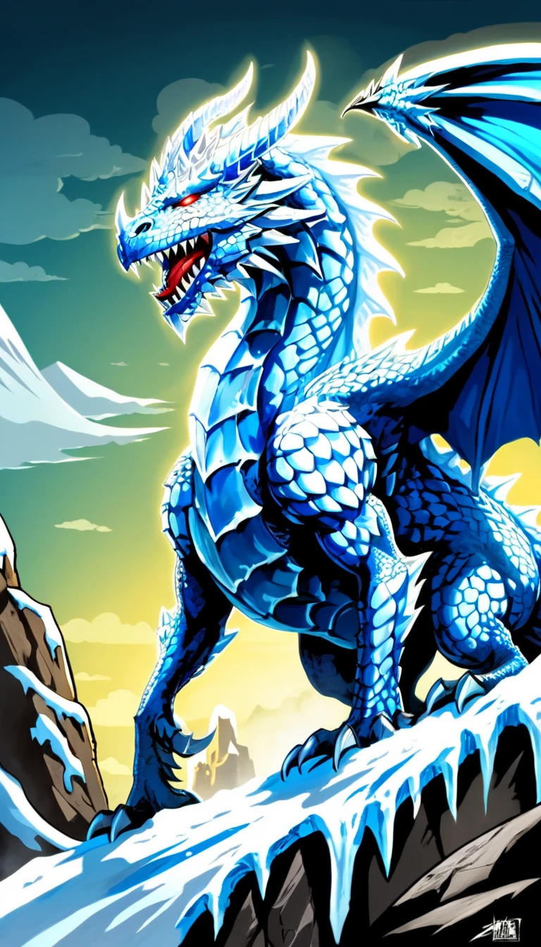 comic Ice dragon, hero view, action pose, beautiful extremely detailed piercing eyes, scenery, detailed background, masterpiece, best quality, high quality, absurdres <lora:ice_dragon_xl_v1:1> . graphic illustration, comic art, graphic novel art, vibrant, highly detailed