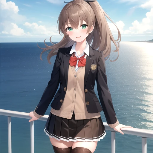 ((masterpiece)),(best quality),official art,extremely detailed CG,unity 8k wallpaper,ultra detailed,A lighthouse on a cliff by the sea,1girl,solo,cowboy shot,long_hair,brown_thighhighs,brown_hair,pleated_skirt,red_bow,white_shirt,frilled_skirt,brown_jacket,looking_at_viewer,long_sleeves,open_clothes,brown_skirt,collared_shirt,smile,red_bowtie,school_uniform,open_jacket,hair_between_eyes,cardigan,black_footwear,blush,green_eyes,bangs,blazer,blouse,red_ribbon,high_ponytail,vertical-striped_thighhighs,hair_ornament,buttons,<lora:Kumano(kan)>,