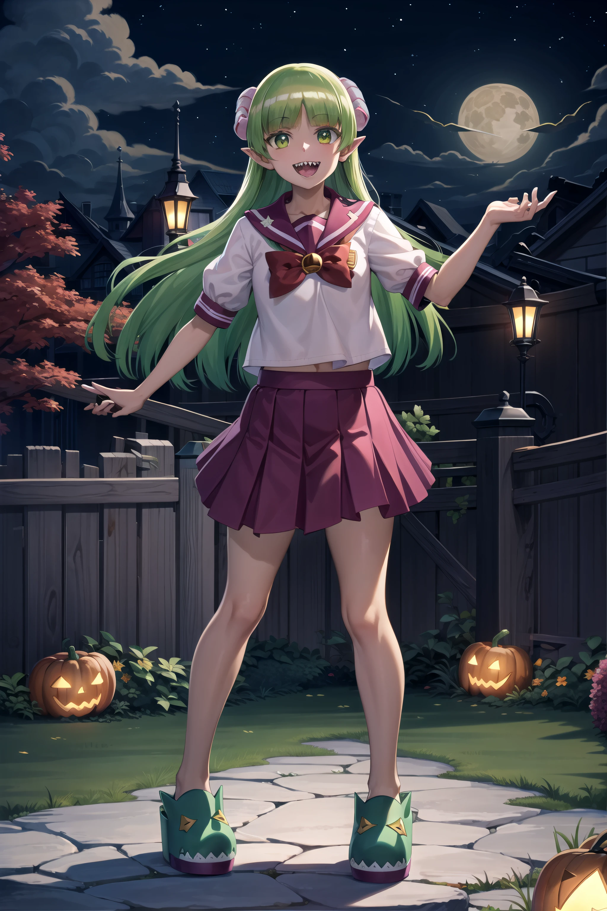 best quality, masterpiece, detailed,
<lora:MairimashitaIrumaKun_ValacClara:0.8>, valac clara,
smile, open mouth, sharp teeth,
green hair, long hair, green eyes, horns, pointy ears,
school uniform, serafuku, pink skirt, green footwear, slippers,
standing, looking at the viewer,
halloween, red tree, lamp, moon, night, outdoors, <lora:night-r:0.3>