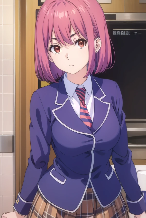 hisakoarato, <lora:hisako arato s1-lora-nochekaiser:1>,
hisako arato, short hair, (red eyes:1.3), pink hair,
BREAK skirt, school uniform, jacket, pleated skirt, necktie, striped, plaid, plaid skirt, blazer, striped necktie,
BREAK indoors, kitchen,
BREAK looking at viewer, (cowboy shot:1.5),
BREAK <lyco:GoodHands-beta2:1>, (masterpiece:1.2), best quality, high resolution, unity 8k wallpaper, (illustration:0.8), (beautiful detailed eyes:1.6), extremely detailed face, perfect lighting, extremely detailed CG, (perfect hands, perfect anatomy),
