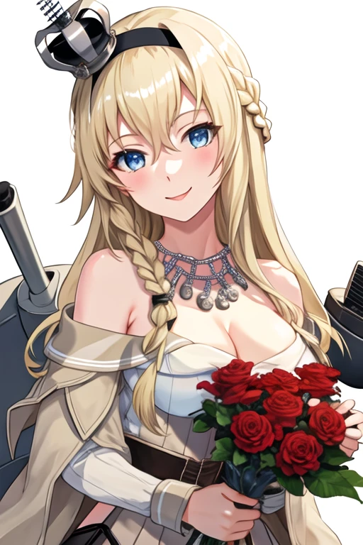 best quality, masterpiece, highres, solo, {warspite_kantaicollection:1.15}, blonde_hair, long_hair, blue_eyes, braid, french_braid, hairband, crown, mini_crown, breasts, hair_between_eyes, smile, flower, large_breasts, 1girl, hair_ornament, looking_at_viewer, alternate_costume, white_hairband, hair_flower, red_flower, upper_body, dress, short_sleeves, white_dress, white_background