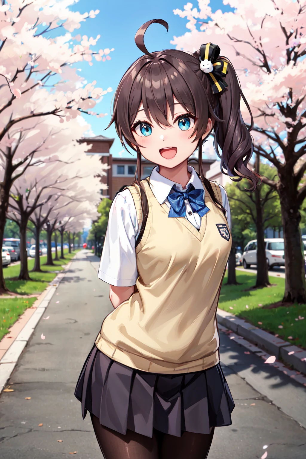 masterpiece,best quality,highres,ultra-detailed,aamatsuri,medium hair,side ponytail,ahoge,hair between eyes,bangs,cat hair ornament,black ribbon,<lora:natsuiro_matsuri:0.8>,pantyhose,outdoors,cherry blossoms,street,(school uniform:1.2),sweater vest,:d,arms_behind_back,