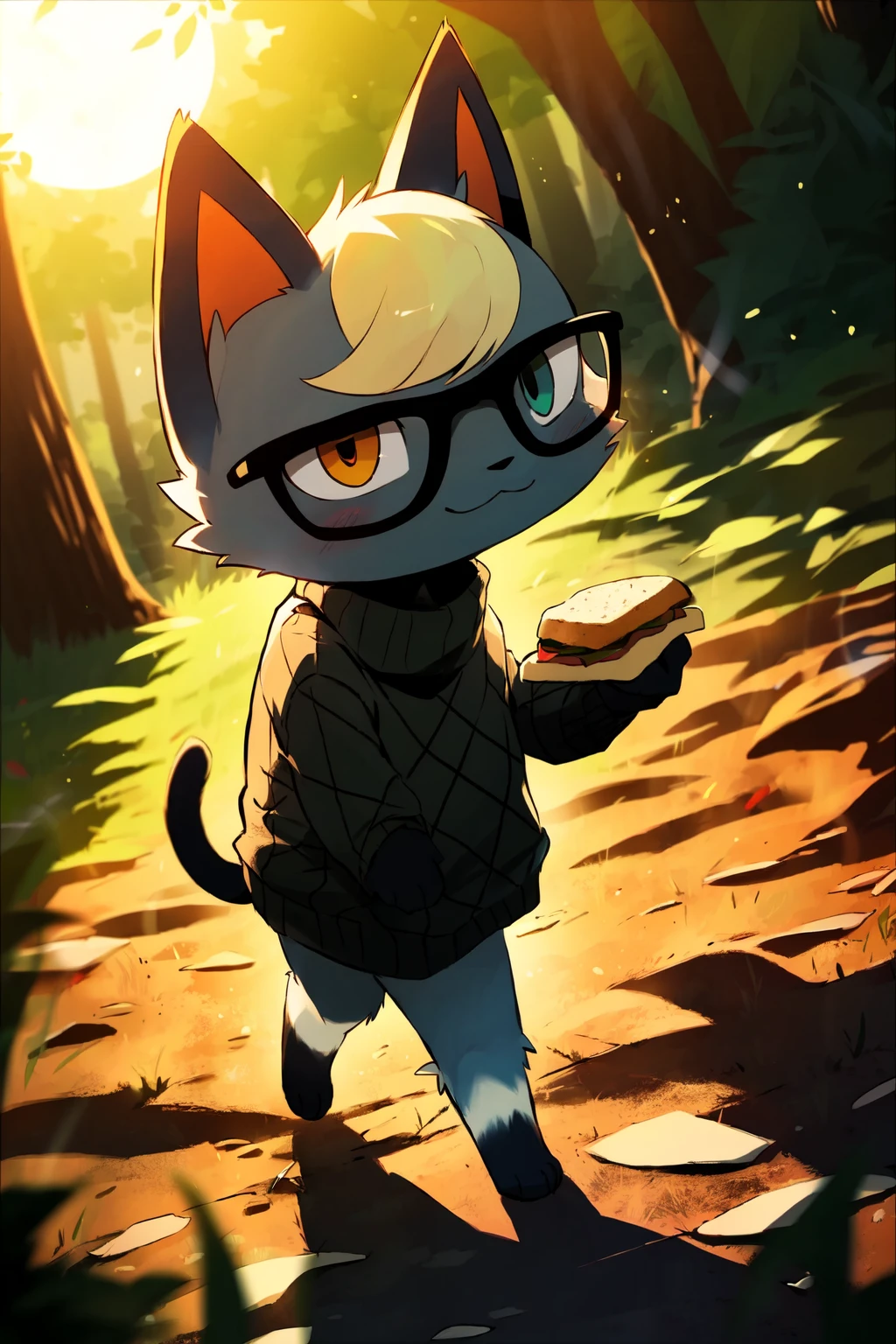 raymond, 1boy, solo, cowboy shot, (by dagasi:.5), (dark, detailed lighting:1.5), dutch angle, heterochromia, glasses, (detailed eyes, furry, grey fur:1.3), (argyle sweater, detailed clothing:1.2), cat ears, cat tail, sandwich, holding sandwich, walking, (detailed fur, body fur, bottomless:1.2), smile, blonde hair, animal nose, detailed background, day, blue sky, forest, dirt path, grass, stars, (sun, sunrays vivid colors:1.2), 8k, hdr <lora:raymondAC:1>