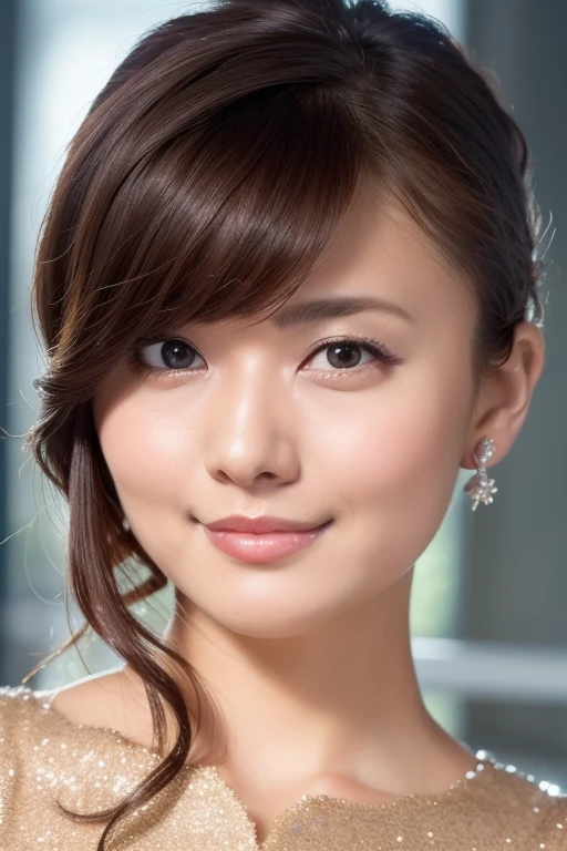 1girl,(wearing a sleeveless glittery evening dress:1.2),(RAW photo, best quality), (realistic, photo-realistic:1.4), masterpiece, an extremely delicate and beautiful, extremely detailed, 2k wallpaper, Amazing, finely detail, extremely detailed CG unity 8k wallpaper, ultra-detailed, highres, soft light, beautiful detailed girl, extremely detailed eyes and face, beautiful detailed nose, beautiful detailed eyes,cinematic lighting,city lights at night,perfect anatomy,slender body, <lora:numakuramanami_lora:0.8>,smile