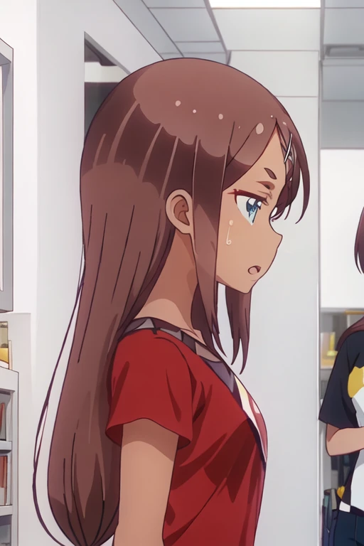 best quality, masterpiece, highres, solo, {ahagon_umiko_newgame:1.15}, brown_hair, long_hair, dark_skin, dark-skinned_female, hair_ornament, blue_eyes, x_hair_ornament, hairclip, 1girl, profile, shirt, short_sleeves, from_side, indoors, upper_body, closed_mouth, holding, red_shirt
