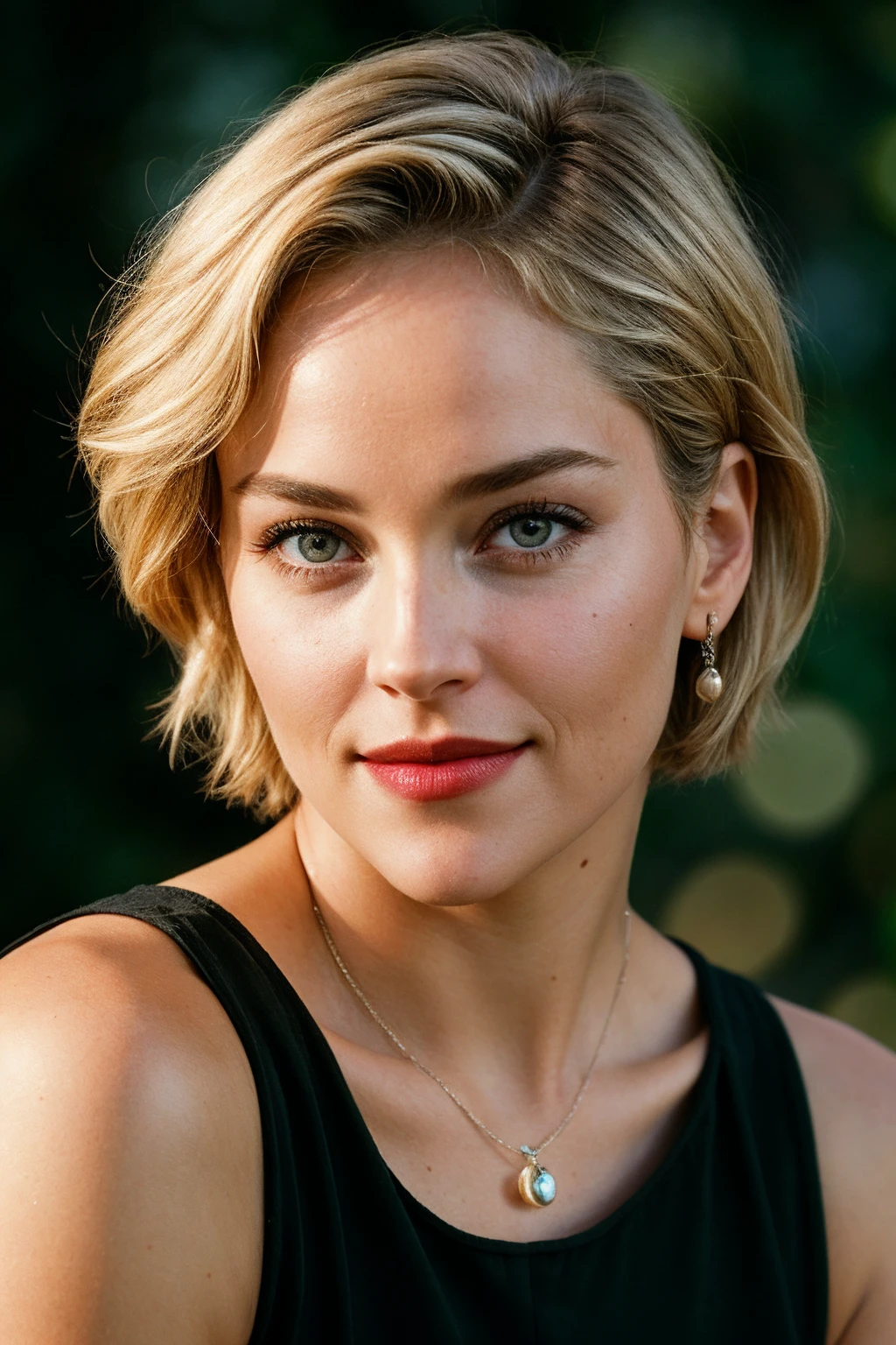photo of (sh4r0nst-135:0.99), a beautiful woman, closeup portrait, perfect slick (short) blonde hair, (modern photo, dress), 24mm, (analog, cinematic, film grain:1.3), (plain Pine Green background, gradient:1.1), detailed eyes, (seductive pose), (epicPhoto), upper body, (looking at viewer, smiling), (painted lips), necklace